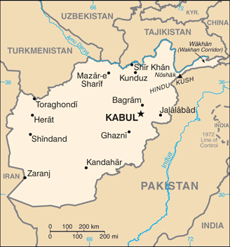 Map showing the location of Afghanistan