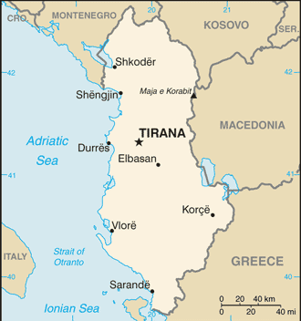Map showing the location of Albania