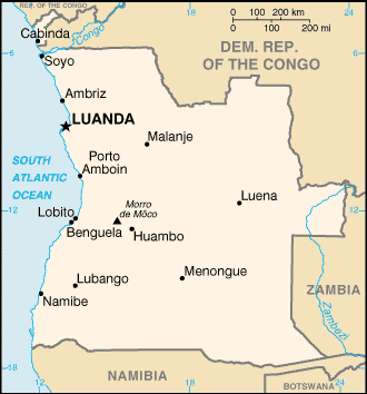 Map showing the location of Angola