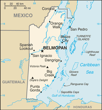 Map showing the location of Belize