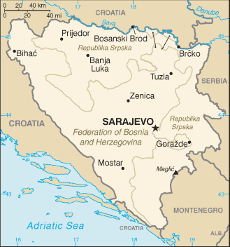 Map showing the location of Bosnia and Herzegovina