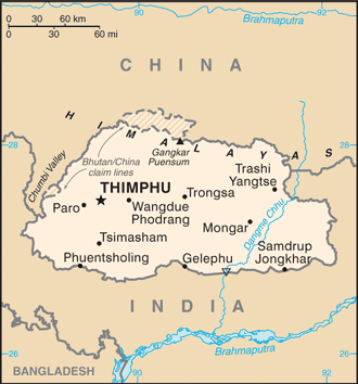 Map showing the location of Bhutan