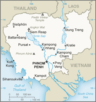 Map showing the location of Cambodia