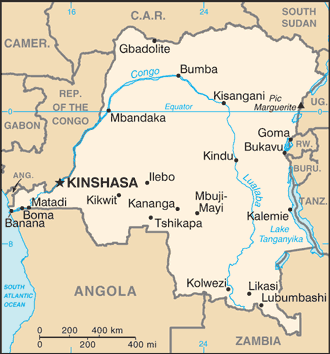 Map showing the location of Congo, Democratic Republic of the