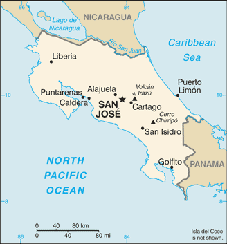 Map showing the location of Costa Rica
