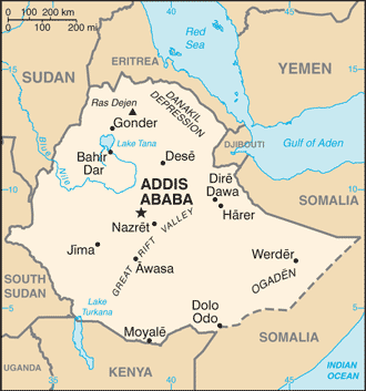 Map showing the location of Ethiopia