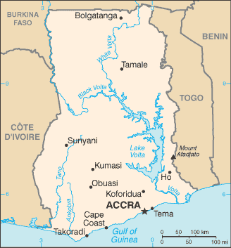 Map showing the location of Ghana