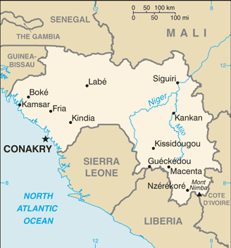 Map showing the location of Guinea
