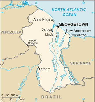 Map showing the location of Guyana