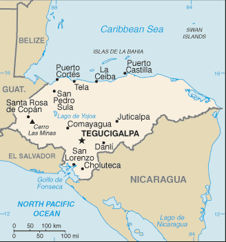 Map showing the location of Honduras