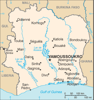 Map showing the location of Cote d’Ivoire