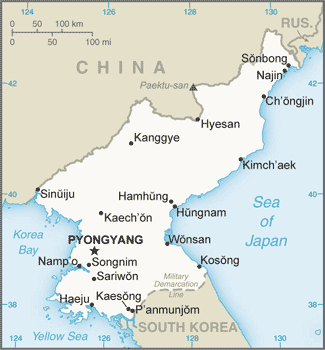 Map showing the location of Korea, North