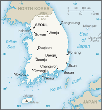 Map showing the location of Korea, South