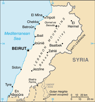 Map showing the location of Lebanon