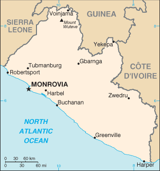 Map showing the location of Liberia