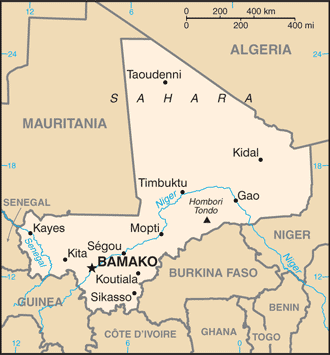 Map showing the location of Mali