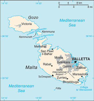 Map showing the location of Malta