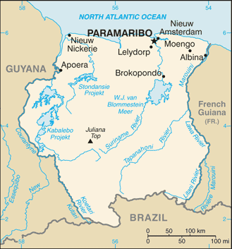 Map showing the location of Suriname