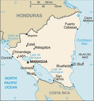 Map showing the location of Nicaragua