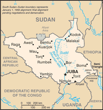 Map showing the location of South Sudan