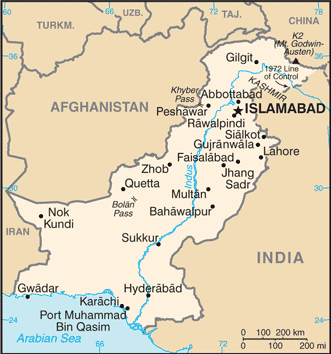 Map showing the location of Pakistan