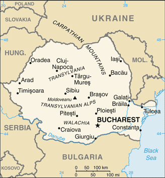 Map showing the location of Romania