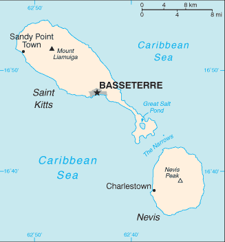 Map showing the location of Saint Kitts and Nevis