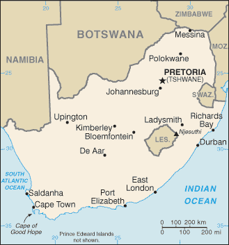 Map showing the location of South Africa