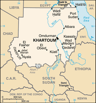 Map showing the location of Sudan