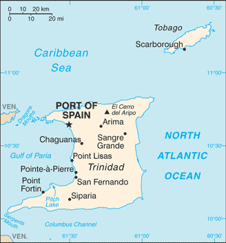 Map showing the location of Trinidad and Tobago