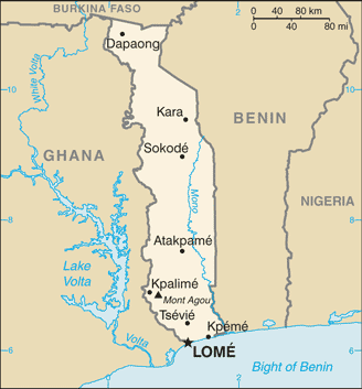 Map showing the location of Togo