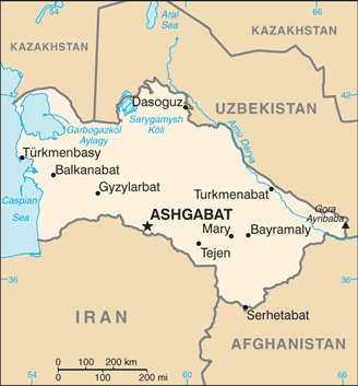 Map showing the location of Turkmenistan