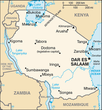 Map showing the location of Tanzania