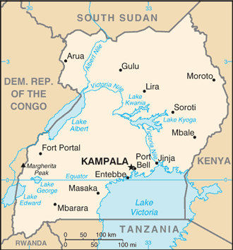 Map showing the location of Uganda