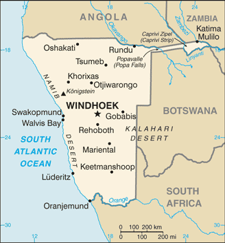 Map showing the location of Namibia