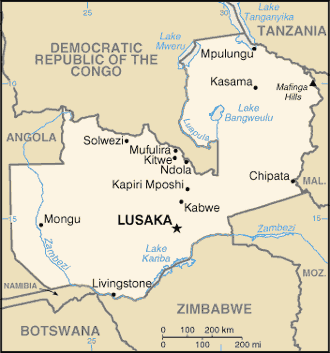 Map showing the location of Zambia